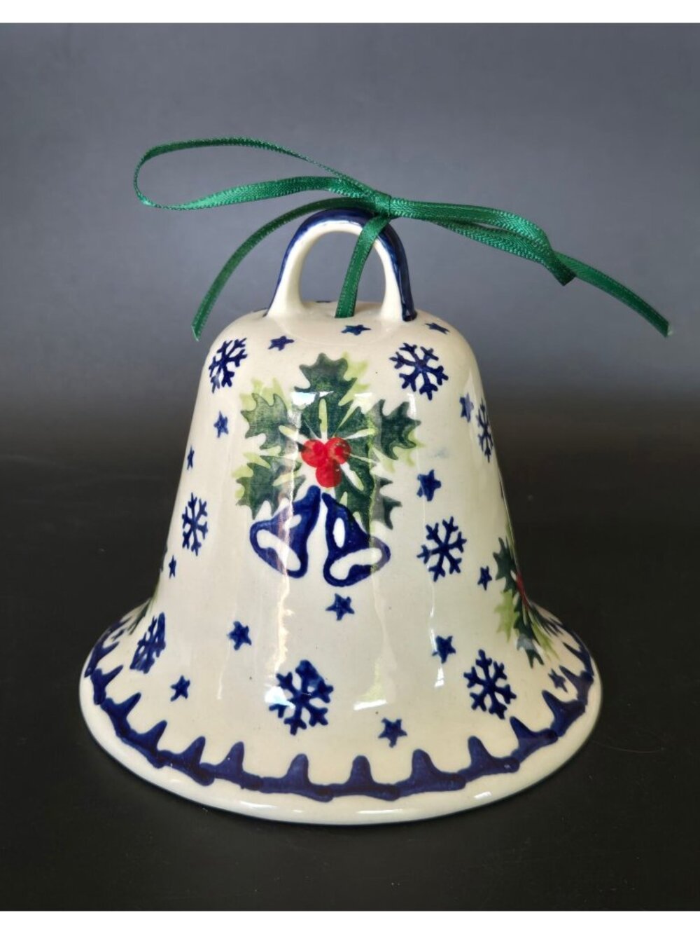 New Polish Pottery Bell Holly & Snowflake Design, Christmas Decoration